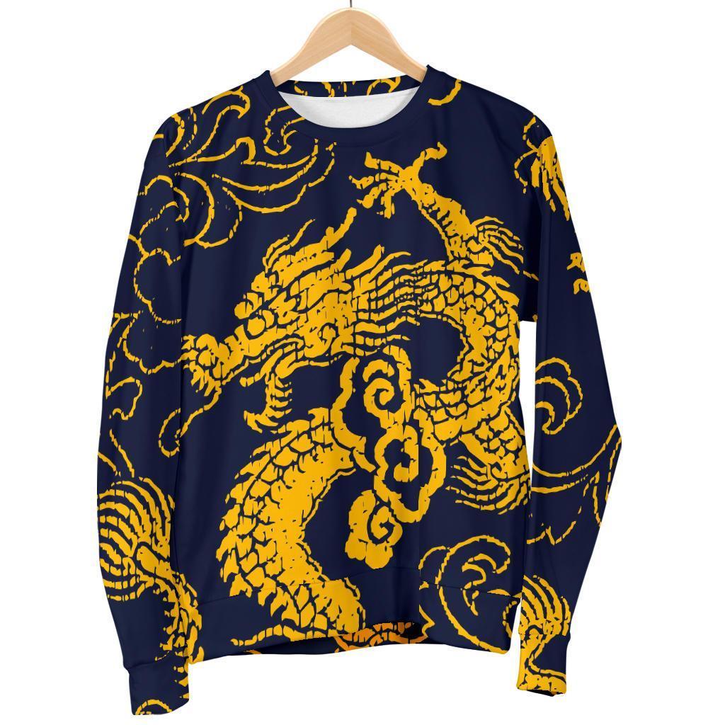 Gold Japanese Dragon Pattern Print Men's Crewneck Sweatshirt GearFrost