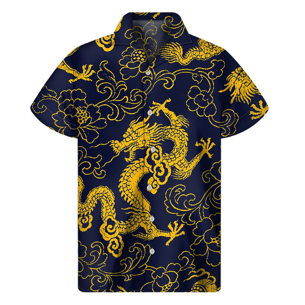 Gold Japanese Dragon Pattern Print Men's Short Sleeve Shirt