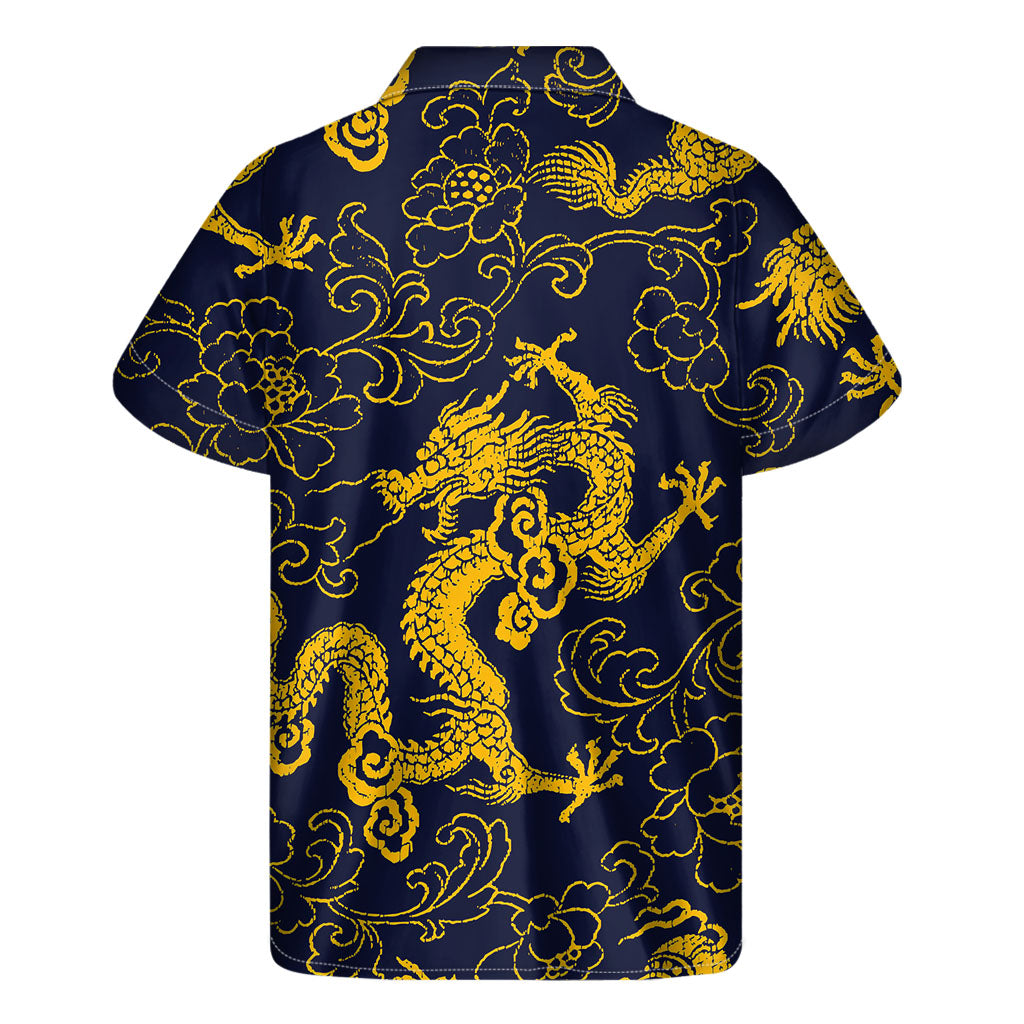 Gold Japanese Dragon Pattern Print Men's Short Sleeve Shirt