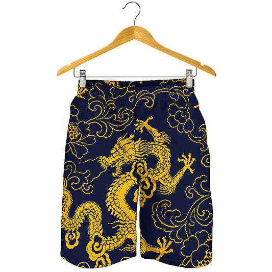 Gold Japanese Dragon Pattern Print Men's Shorts