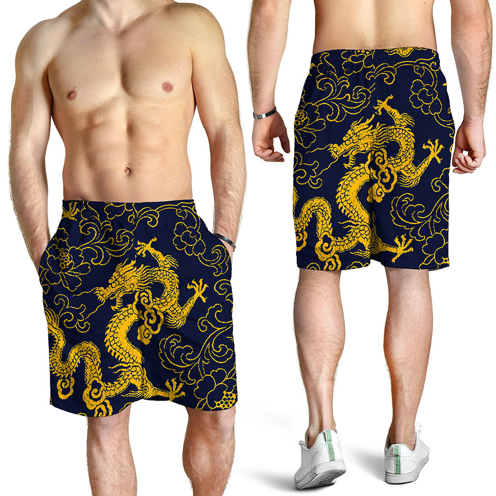 Gold Japanese Dragon Pattern Print Men's Shorts