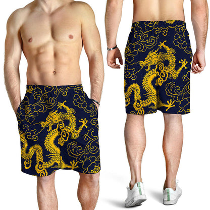 Gold Japanese Dragon Pattern Print Men's Shorts
