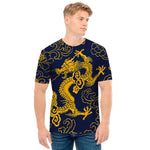 Gold Japanese Dragon Pattern Print Men's T-Shirt