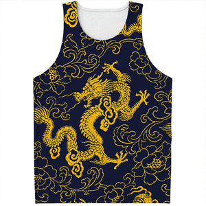 Gold Japanese Dragon Pattern Print Men's Tank Top