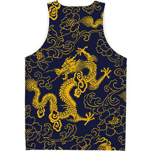 Gold Japanese Dragon Pattern Print Men's Tank Top