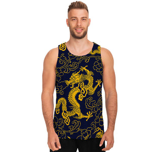 Gold Japanese Dragon Pattern Print Men's Tank Top