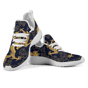 Gold Japanese Dragon Pattern Print Mesh Knit Shoes GearFrost