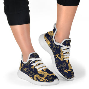 Gold Japanese Dragon Pattern Print Mesh Knit Shoes GearFrost