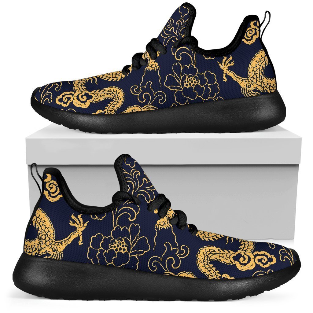 Gold Japanese Dragon Pattern Print Mesh Knit Shoes GearFrost