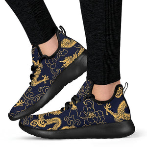 Gold Japanese Dragon Pattern Print Mesh Knit Shoes GearFrost