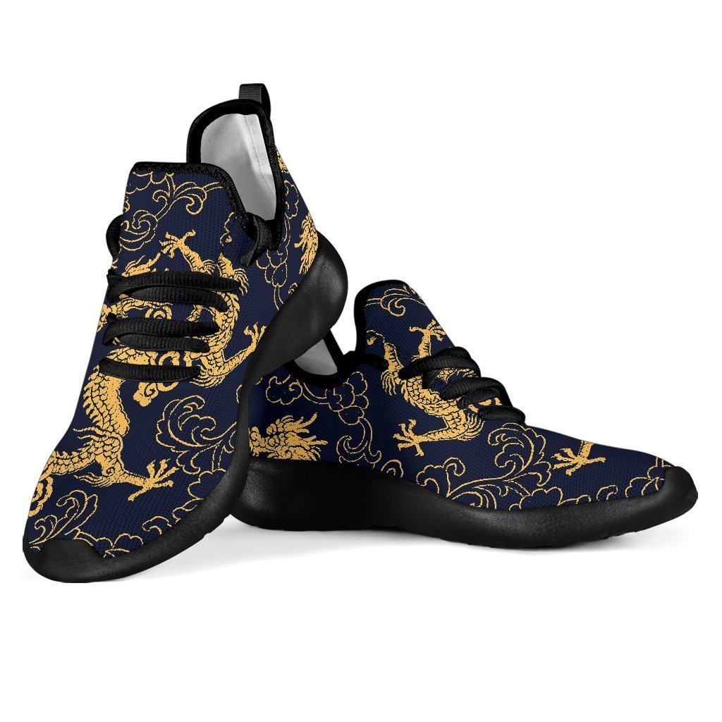 Gold Japanese Dragon Pattern Print Mesh Knit Shoes GearFrost