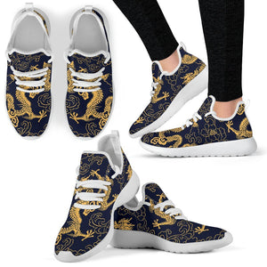 Gold Japanese Dragon Pattern Print Mesh Knit Shoes GearFrost