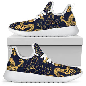 Gold Japanese Dragon Pattern Print Mesh Knit Shoes GearFrost