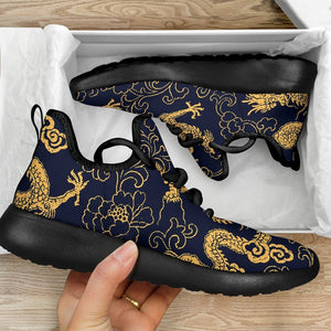 Gold Japanese Dragon Pattern Print Mesh Knit Shoes GearFrost