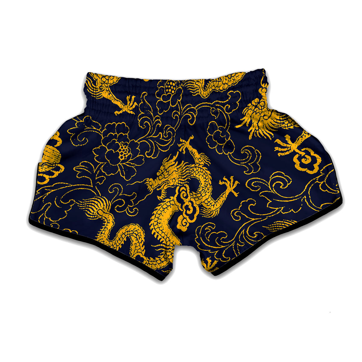 Gold Japanese Dragon Pattern Print Muay Thai Boxing Shorts