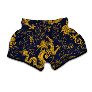 Gold Japanese Dragon Pattern Print Muay Thai Boxing Shorts