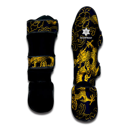 Gold Japanese Dragon Pattern Print Muay Thai Shin Guard