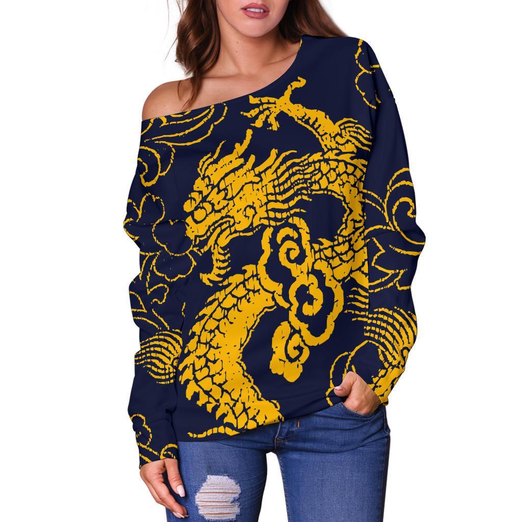 Gold Japanese Dragon Pattern Print Off Shoulder Sweatshirt GearFrost