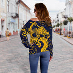 Gold Japanese Dragon Pattern Print Off Shoulder Sweatshirt GearFrost