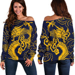 Gold Japanese Dragon Pattern Print Off Shoulder Sweatshirt GearFrost