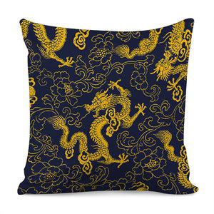 Gold Japanese Dragon Pattern Print Pillow Cover