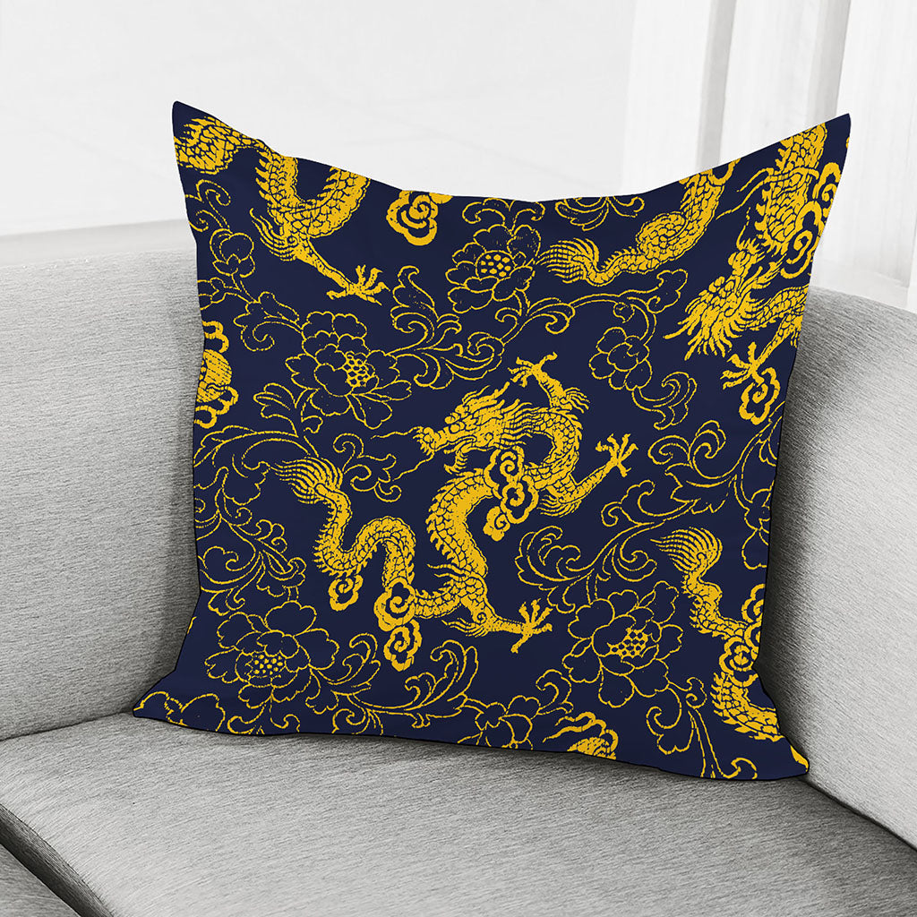 Gold Japanese Dragon Pattern Print Pillow Cover