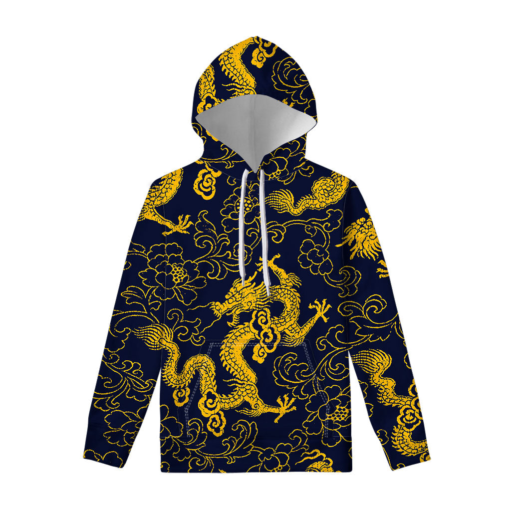 Gold Japanese Dragon Pattern Print Pullover Hoodie