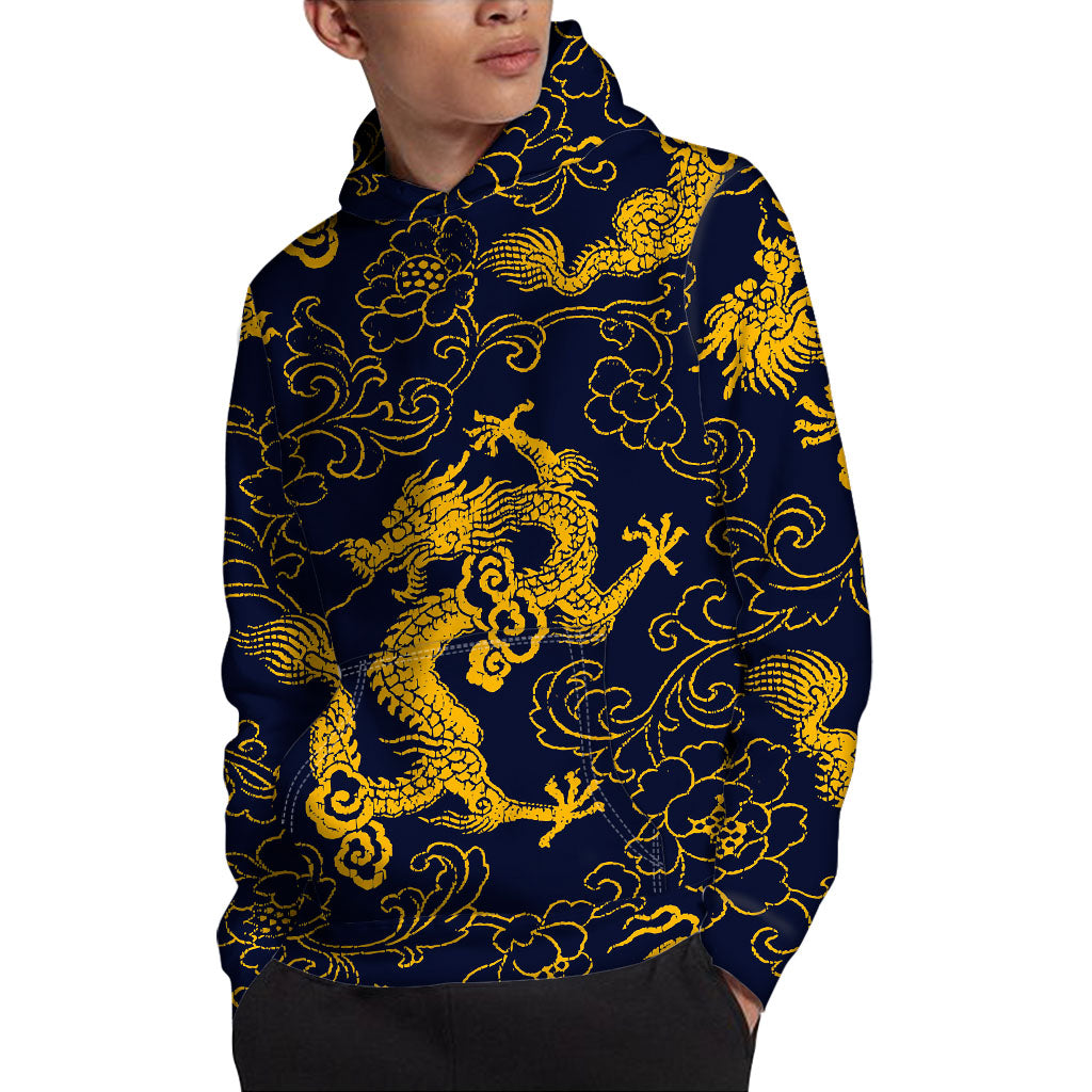 Gold Japanese Dragon Pattern Print Pullover Hoodie