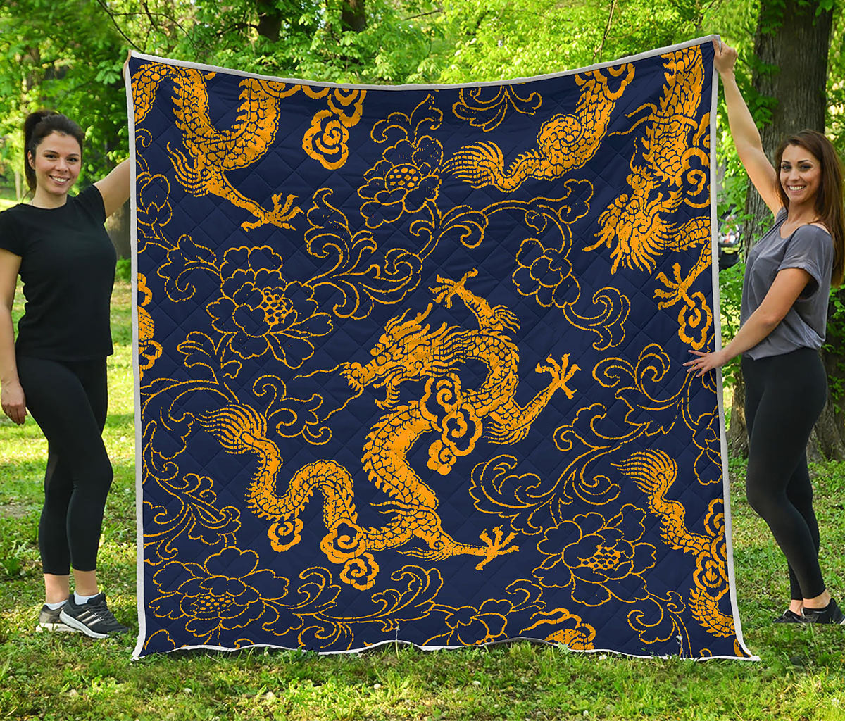 Gold Japanese Dragon Pattern Print Quilt