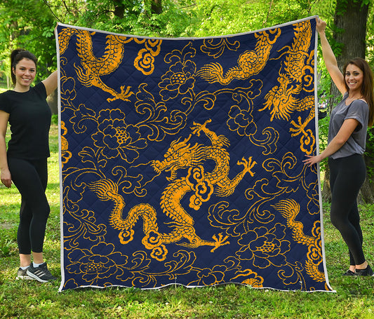 Gold Japanese Dragon Pattern Print Quilt