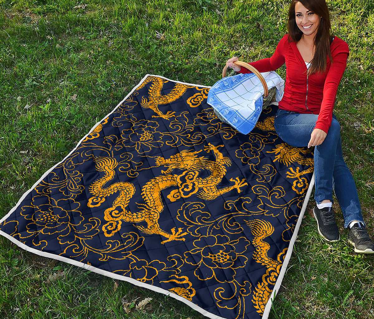 Gold Japanese Dragon Pattern Print Quilt