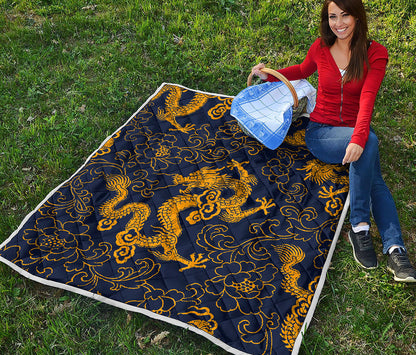 Gold Japanese Dragon Pattern Print Quilt