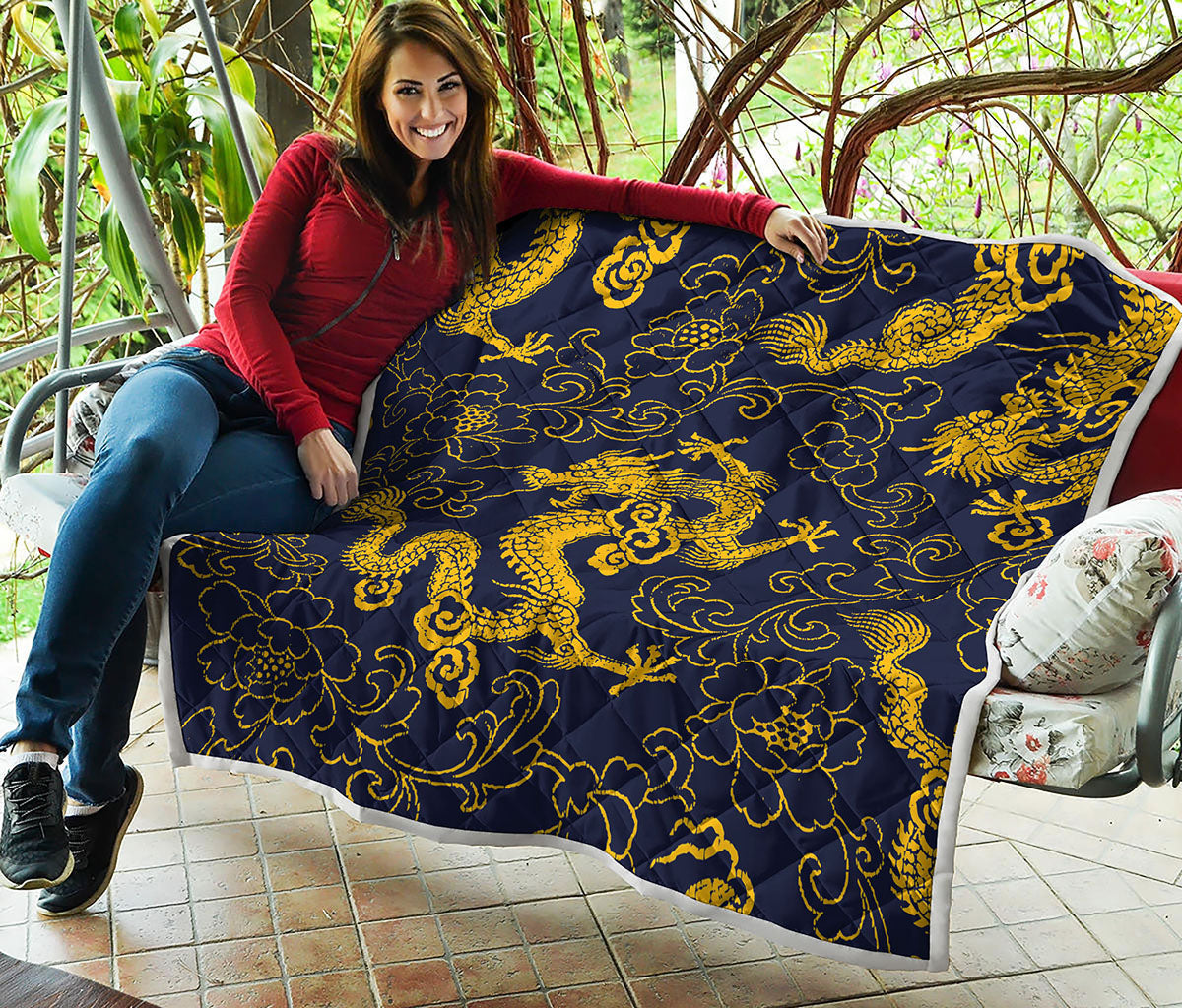 Gold Japanese Dragon Pattern Print Quilt