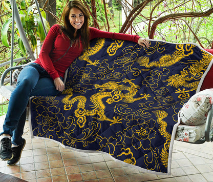 Gold Japanese Dragon Pattern Print Quilt