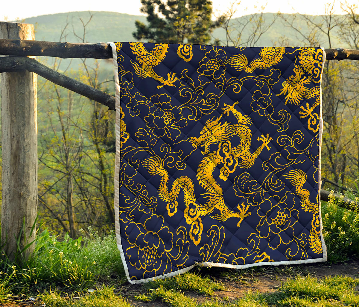 Gold Japanese Dragon Pattern Print Quilt