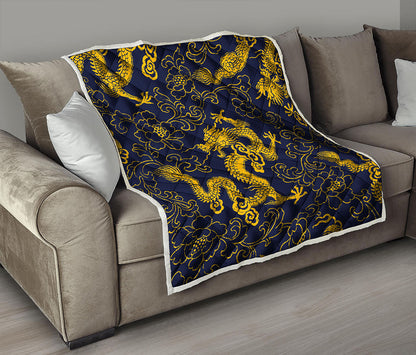 Gold Japanese Dragon Pattern Print Quilt