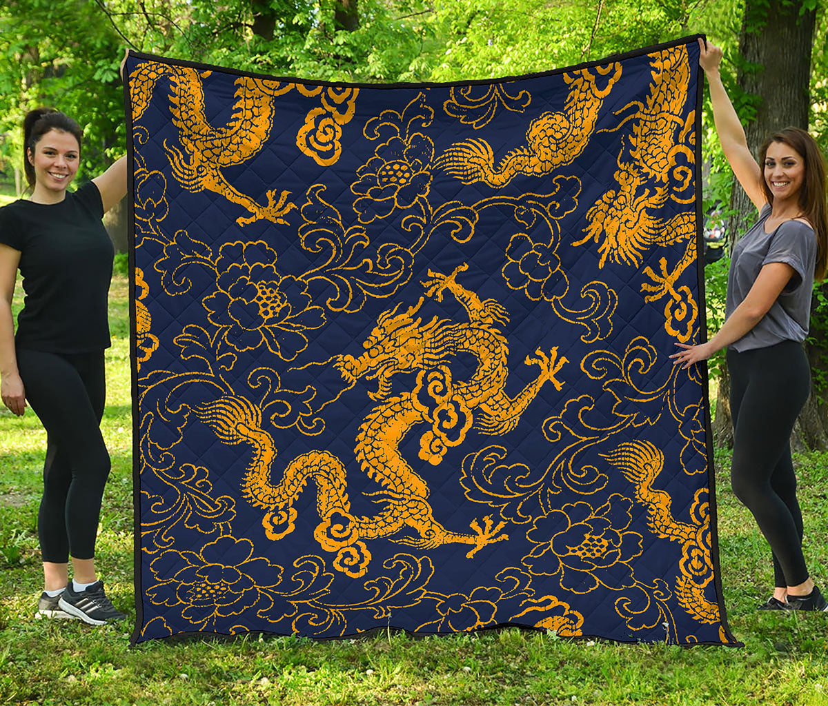 Gold Japanese Dragon Pattern Print Quilt