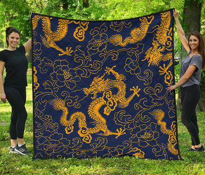 Gold Japanese Dragon Pattern Print Quilt