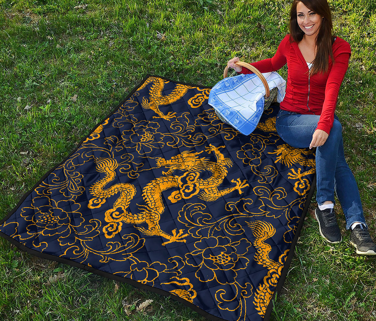 Gold Japanese Dragon Pattern Print Quilt