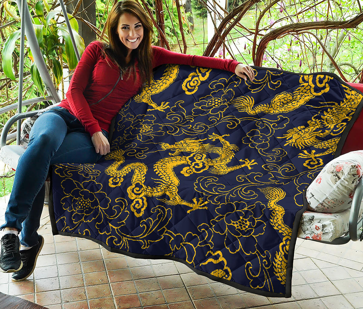 Gold Japanese Dragon Pattern Print Quilt