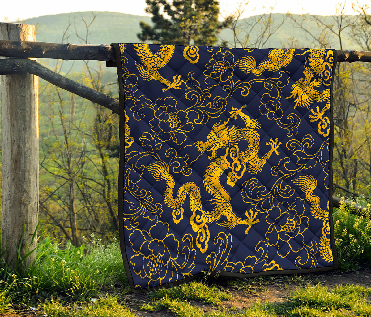 Gold Japanese Dragon Pattern Print Quilt