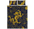 Gold Japanese Dragon Pattern Print Quilt Bed Set