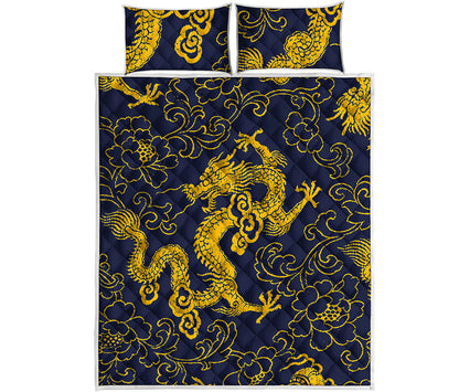 Gold Japanese Dragon Pattern Print Quilt Bed Set
