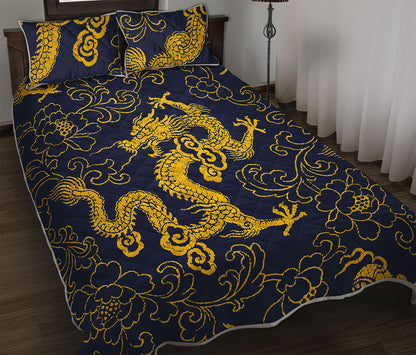 Gold Japanese Dragon Pattern Print Quilt Bed Set