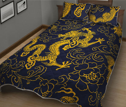 Gold Japanese Dragon Pattern Print Quilt Bed Set