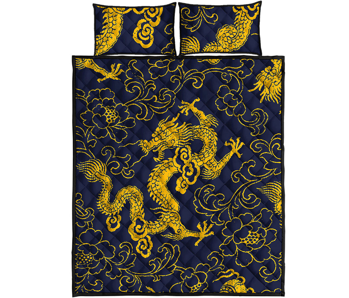 Gold Japanese Dragon Pattern Print Quilt Bed Set