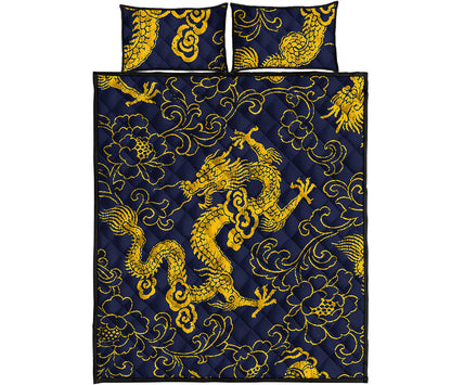 Gold Japanese Dragon Pattern Print Quilt Bed Set