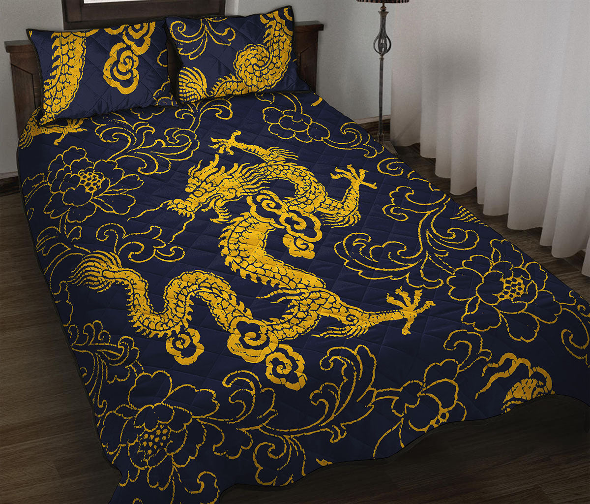 Gold Japanese Dragon Pattern Print Quilt Bed Set