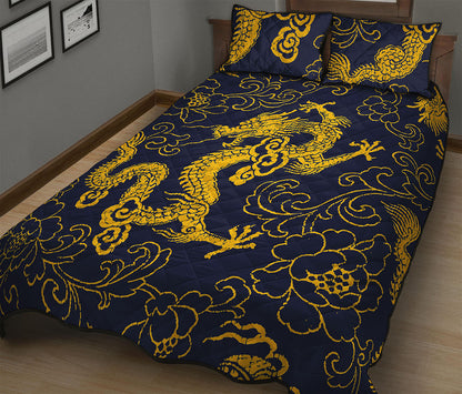 Gold Japanese Dragon Pattern Print Quilt Bed Set