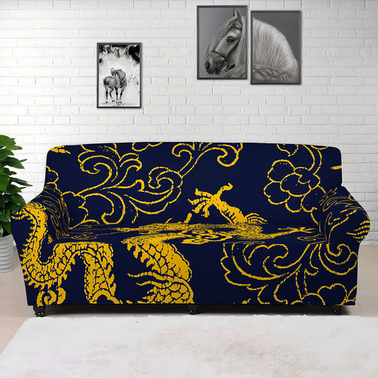Gold Japanese Dragon Pattern Print Sofa Cover